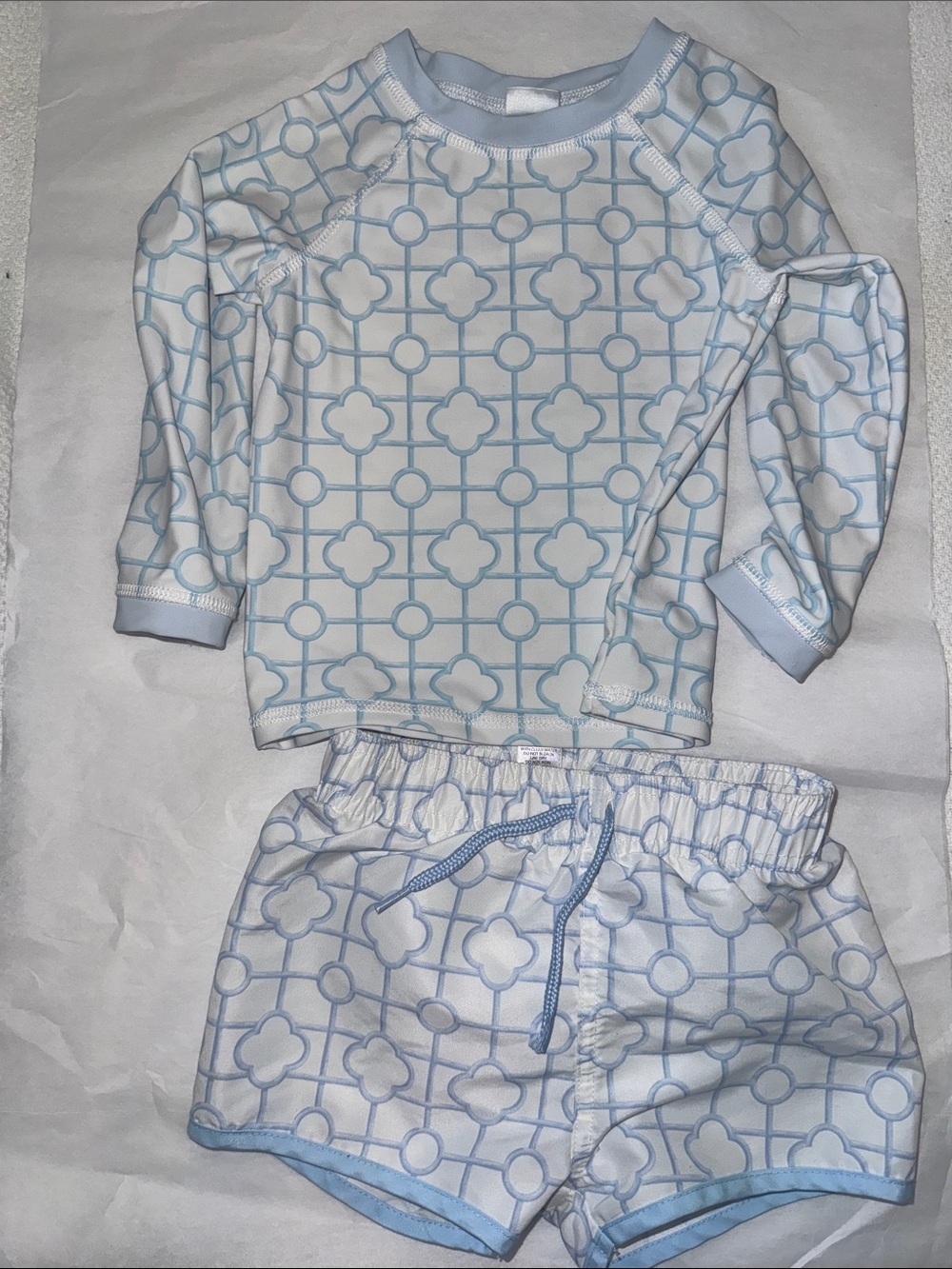 Edgehill Collection White & Baby Blue Geometric Kids Swim Trunks Set